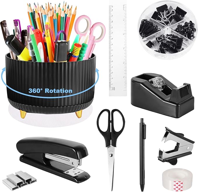 Black Desk Organizers and Accessories 10Pcs Set with 360-Degree Rotating Pen Holder, Tape Dispenser, Stapler, Staple Remover, 1000 Staples, Tape, Clips Set, Ruler, Scissor, Pen (Black)