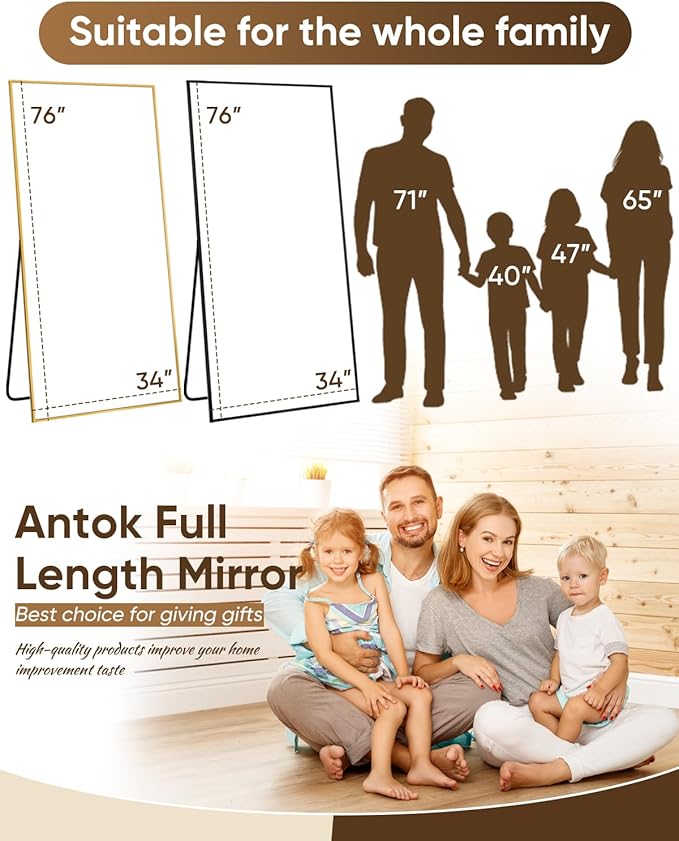 Antok Full Length Mirror, 76"x34" Floor Mirror, Floor Standing Freestanding Full Body Mirror with Stand for Bedroom, Hanging Mounted for Living Room Cloakroom, Black