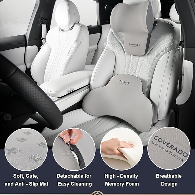 Coverado Lumbar Support and Car Neck Pillow, Ergonomic Memory Foam Desk Chair Cushion and Headrest Pillow for Car Office Chair, Sciatica & Neck & Tailbone Cushion-Black&Gray