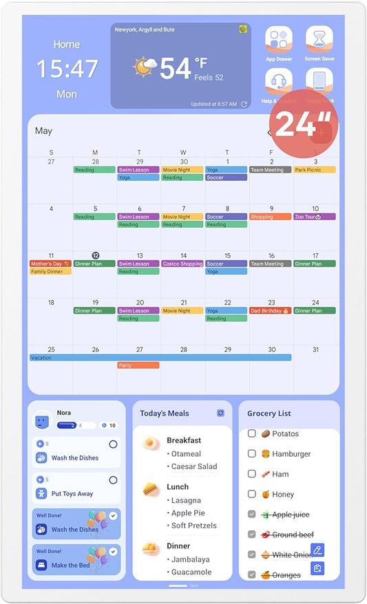 Digital Calendar+ 2: 24 Inch Wall Touch Screen Chore Chart Customize Dashboard Smart Electronic Calendar for Family Schedules Meal Planner Supports All Google Play Apps Wall Mount White