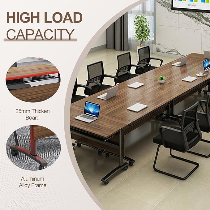 Folding Conference Room Table, Modern Conference Tables with Wheels, Large Rectangular Mobile Training Tables for Office Classroom, Foldable Modular Boardroom Seminar Table Walnut (2pack L63in)