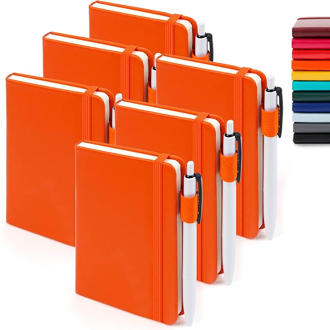 feela 6 Pack Pocket Mini Notebooks Bulk, Small Cute Memo Notepads Hardcover College Ruled Lined Journals with Pen Holder for School Business Work, with 6 Black Pens, 3.5”x 5.5”, A6, Orange