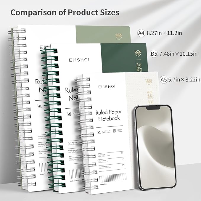 EMSHOI Lined Spiral Journal Notebook, A5 College Ruled Notebook, 300 Pages/150 Sheets, 100gsm Acid-Free Paper, Waterproof Softcover Notebook for School, Work, Note Taking, 5.7" × 8.22" - Dark Green