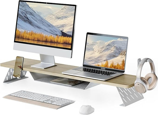 Fenge Dual Monitor Stand, 42.5 Inch Monitor Riser for Desk, Wood Desk Shelf for 2 Monitors, 2 Tier Monitor Shelf with Headphone Stand & Phone Holder
