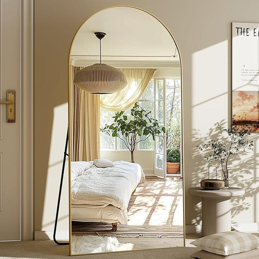 GLSLAND-30x71 inch Wall Mount Arched Full Length Mirror-Aluminum Alloy Frame High Definition-Full Body Mirror for Bedroom or Living Room,Gold