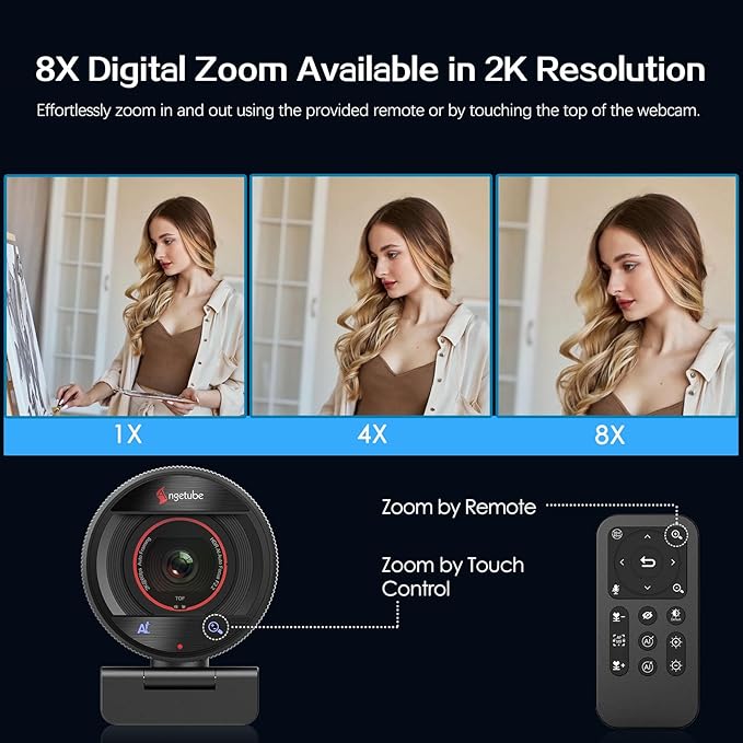 Angetube AI Webcam for PC - 1080p/2K@60FPS HD Web Camera with Remote Control, 8X Digital Zoom Webcam, Privacy Cover, TOF Auto Focus, HDR, USB 3.0 Web Cam Work with Zoom, Skype,Teams, Windows,Mac