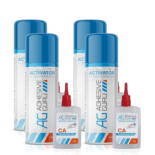 Adhesive Guru CA Glue with Activator Woodworking (4 x 0.9 oz - 4 x 3.38 fl oz) Cyanoacrylate Super Glue for Plastic, Glass, Ceramic, DIY, 3D Printing (4 Pack)