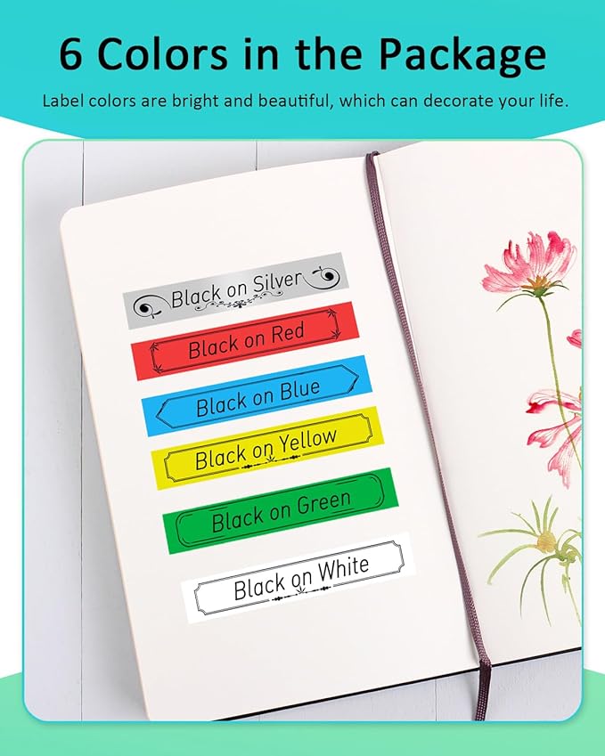 Anycolor 6 Pack Compatible with Brother P Touch 12mm 0.47 Inch Laminated TZ Label Maker Tape TZe TZ Label Tape for Brother Ptouch PT-D220 PT-D210 PT-H110 D410 D600, White/Silver/Red/Blue/Yellow/Green