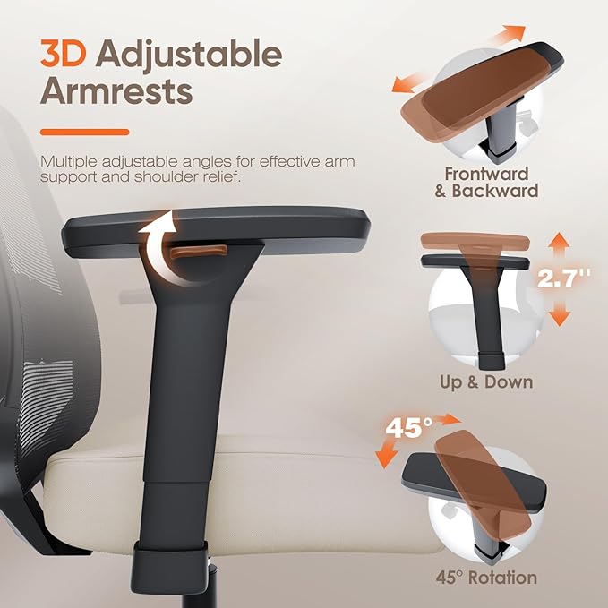 Ergonomic Office Chair, Mesh Computer Desk Chairs with Adjustable Lumbar Support, 3D Armrests, Tilt Function, Comfy Wide Seat, Swivel Executive Work Task Chair for Company and Home