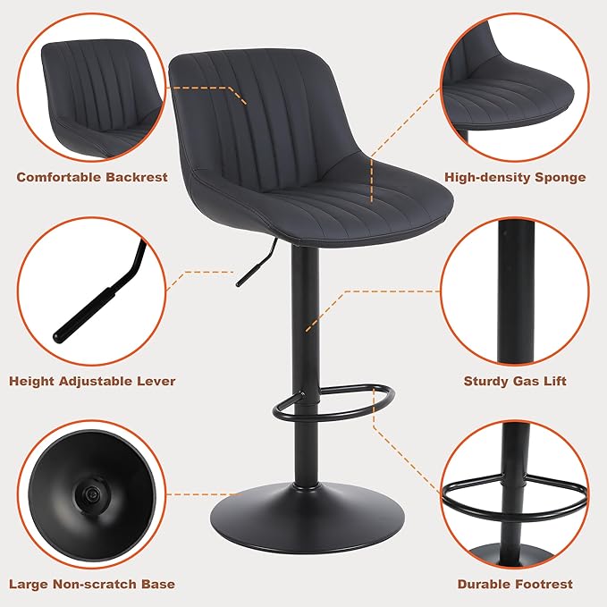 Bar Stools Set of 3, Swivel Counter Height Barstools with Back, Adjustable PU Leather Bar Chairs, Modern Armless Kitchen Island Stool, Black