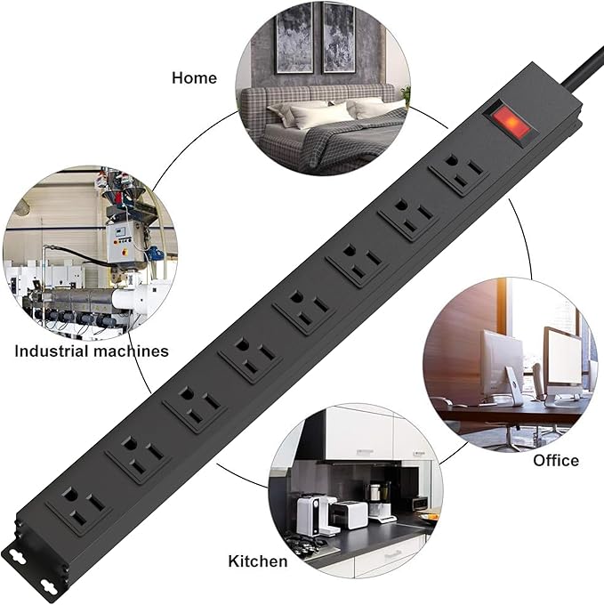 8 Outlet Metal Power Strip 10ft,Heavy Duty Power Strip with Wide Spaced,Black Power Strip with Long Cord for Kitchen,Office,School,Commercial,Workshop,Industrial,1825W/125V/15A,Black (10FT)