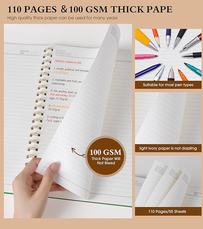 Spiral Notebook Journal 8.5” x 11”, A4 Large Notebooks for Women Men, College Ruled Lined Journal, 100 GSM Paper, Hardcover Spiral Bound Journals for Work School Writing Note Taking Business, Green