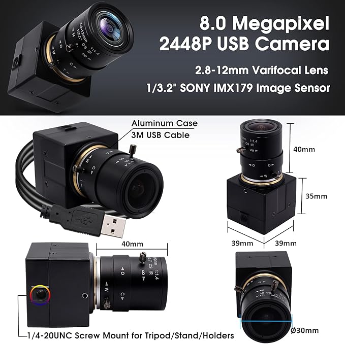 SVPRO 8MP USB Webcam with Zoom Lens,2.8-12mm Optical Zoom Camera with Sony IMX179 Sensor,High Definition Webcam3264x2448 HD Video Camera USB2.0 UVC Plug and Play Camera Support OTG