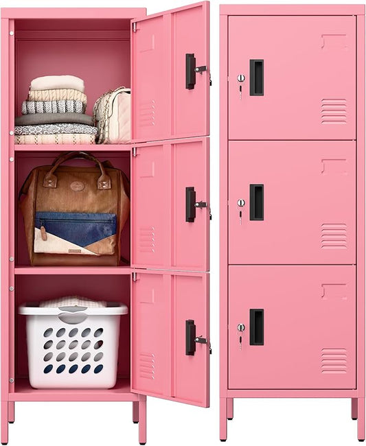 Aobabo 16" W 3 Door Metal Storage Locker with Lock, 47" H Steel Locker with Name Card Holder and Metal Leg for School, Home, Office, Playroom, Assembly Required, Pink