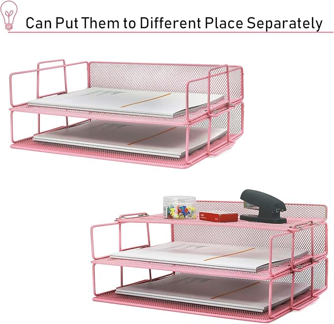 LUCYCAZ Desk Organizer - Stackable Paper Tray, 4 Tier Pink Letter Tray, 5 Trays Metal Paper Organizer for Desk, File Organizer for School Home and Office