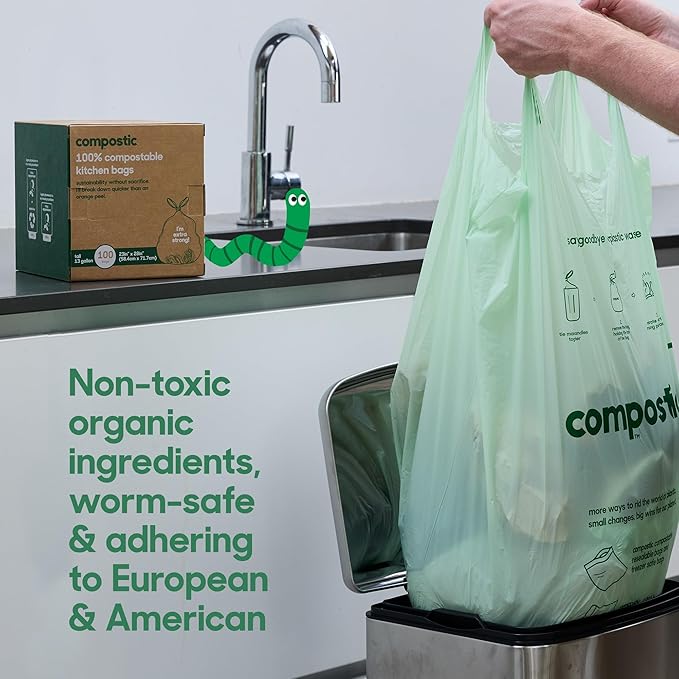 Home Compostable Trash Bags, 3 Gallon Small Kitchen Rubbish Bags (17” x 17.7”), Extra Strong & Quickly Breaks Down, 50 Count