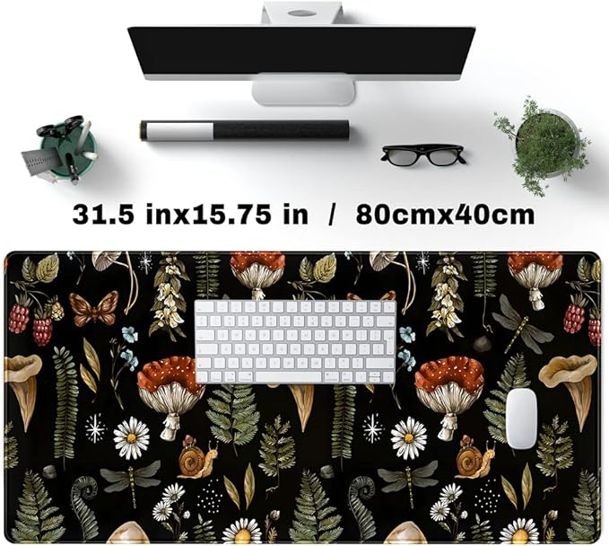 Black Mouse Pad Cottage Core Aesthetic Mouse Pads Mushroom Desk Pad Vintage Mouse Pad Forest Magic Nature Large Desk Pad Ergonomic Mouse Pads with Stitched Edges Non-Slip Computer Mat 31.5x15.7 in
