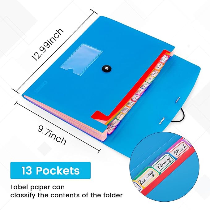 13 Pocket Expanding File Folder Accordian File Organizer, A4 Letter Size Paper Document Receipt Holder for School Office Supplies, Blue