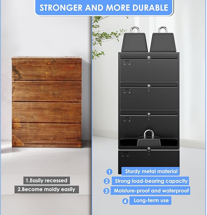 Metal 4 Drawer Lateral File Cabinet with 4 Lock - Wide Filing Cabinet for Letter/Legal/F4/A4 Hanging Files - Includes Business Card Holder,Home Office School Storage,Black