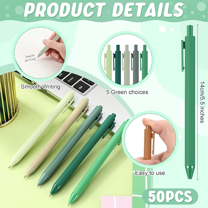 50 Pcs Ballpoint Pens Bulk Retractable Writing 1. 0 mm Black Ink Cute Pens Smooth Writing Color Fancy Gift for Teacher Student Employee Office School Home Baby Shower Supplies (Green Series)