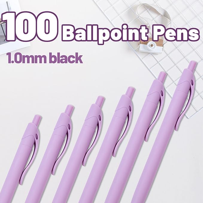 BallPoint Pens, 100 Pack (BLACK Ink), Bulk Pens, Purple Barrel,Click Pens for Office Home and School, Retractable Ballpoint Pens, Medium Point, 1.00MM (Purple)