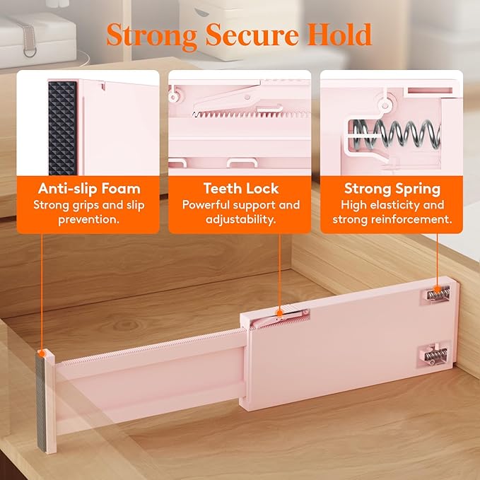 Lifewit 14 Pack Drawer Dividers 4" High, 11-17" Adjustable Drawer Organizers for Clothes, Expandable Dresser Separators in Bedroom/Bathroom/Kitchen/Fridge/Office Organization and Storage, Pink