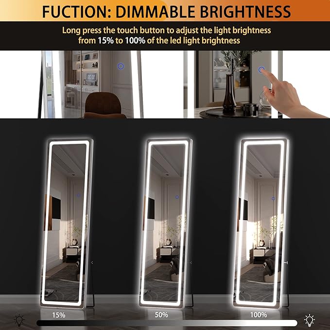 Hasipu Full Length Mirror with Lights, 56" x 20" LED Floor Mirror, Full Body Dressing Standing, Hanging Mounted Mirror for Living Room Bedroom Cloakroom, Round White