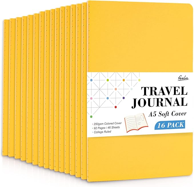 16 Pack Soft Cover Journal Bulk, Feela Lined Notebooks College Ruled for Work for Women Girl Writing, Blank Travel Journal Note Taking Notebook School Business Supplies, 8.2” x 5.5”, A5, Yellow