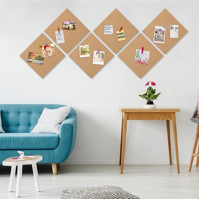 AKTOP Cork Board Bulletin Board 12x12, 1/2" Thick Cork Board Tiles 9 Pack, Small Square Pin Board for Wall, Self Adhesive Corkboards with 120 Push Pin Wood Clips for School, Home & Office