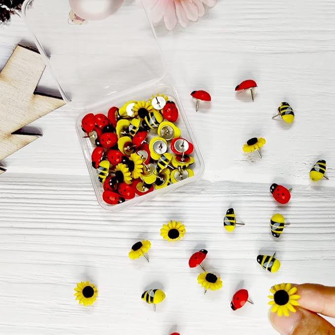 50 Pcs Animal Push Pins, DANUDON Bee Pushpins Sunflower Thumbtacks Decorative Bumble Bee Shaped Floret Thumb Tacks Decorations for Photo Wall Memo Cork Board Bulletin Board Map with Box