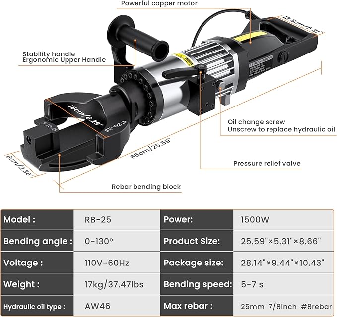 Anbull 1500W Electric Rebar Bender,Hydraulic Rebar Bending Machine Bending up to 1 Inch #8 25mm Rebar with an Extra Set of 10-18mm #3 - #6 Rebar Bending Head, Bending Angle 90 Degrees or Greater