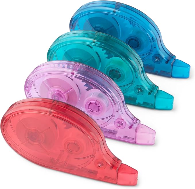 Amazon Basics White Out Correction Tape with Dispenser, 39.3ft, 4-Count Pack, Easy to use, Fast, Clean and Easy to Use Tear-Resistant Tape Office or School Supplies, Green, Orange, Purple, Red, Blue
