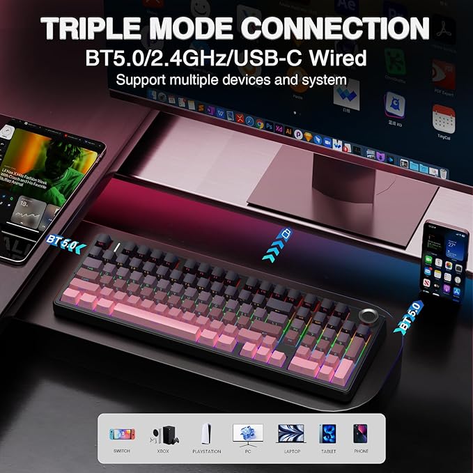 AULA F99 Pro Wireless Mechanical Keyboard with Knob,Tri-Mode BT5.0/USB-C/2.4GHz Hot Swappable Keyboard,Pre-lubed Switches,RGB Backlit Computer Gaming Keyboards