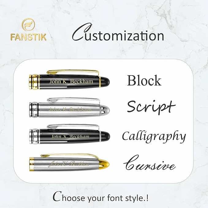 Customized RollerBall pen with name (MADE IN USA), stainless steel, black and silver, luxury engraved pen personalized for men and for women. (RollerBall Black-Silver)