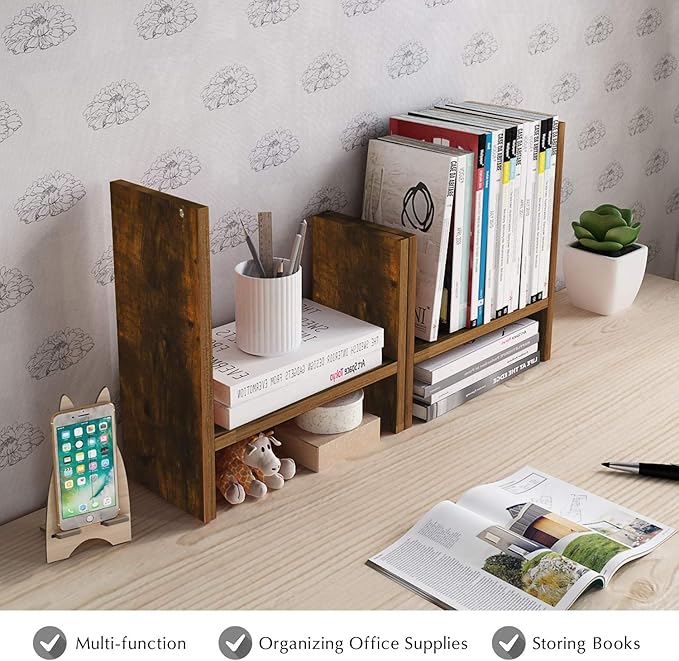 Jerry & Maggie Desktop Organizer Office Storage Rack Adjustable Wood Display Shelf Free Style Double H, Multi-Functional Mini Bookshelf for Desk Natural Stand (Natural Wood Tone)