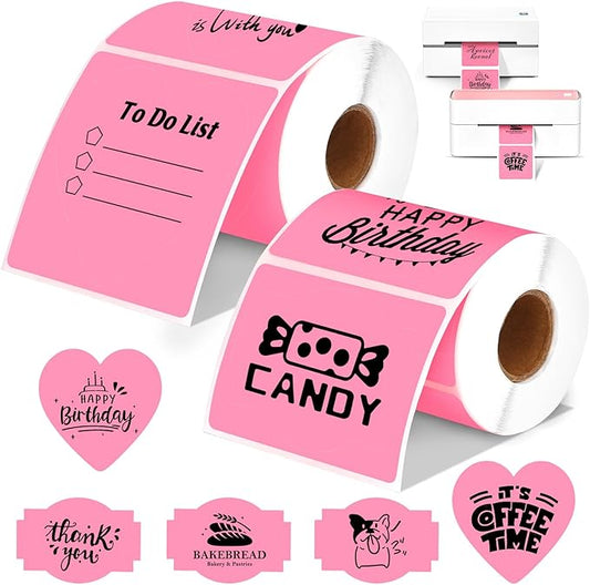 2 Rolls Pink Thermal Labels Personalized & Business Customized Label Stickers for Phomemo 241BT for MUNBYN 130B/RW402B Printers, 600Pcs Waterproof Shipping Label Sheet for Logo/Name/Thanks