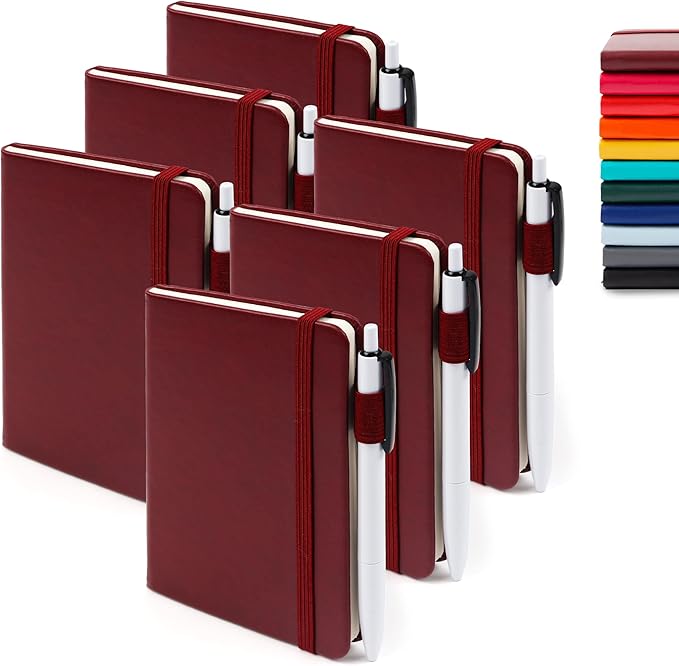 feela 6 Pack Pocket Mini Notebooks Bulk, Small Cute Memo Notepads Hardcover College Ruled Lined Journals with Pen Holder for School Business Work, with 6 Black Pens, 3.5”x 5.5”, A6, Wine