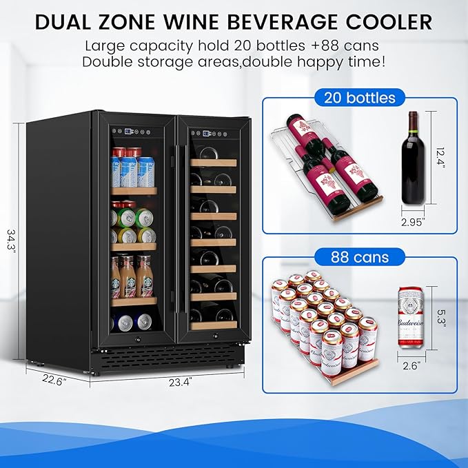 24 Inch Wine and Beverage Refrigerator Under Counter, Dual Zone Black Beverage Fridge with Glass Door&Lock,20 Bottles & 88 Cans Wine and Beverage Cooler, Freestanding Mini Fridge for Bedroom Home