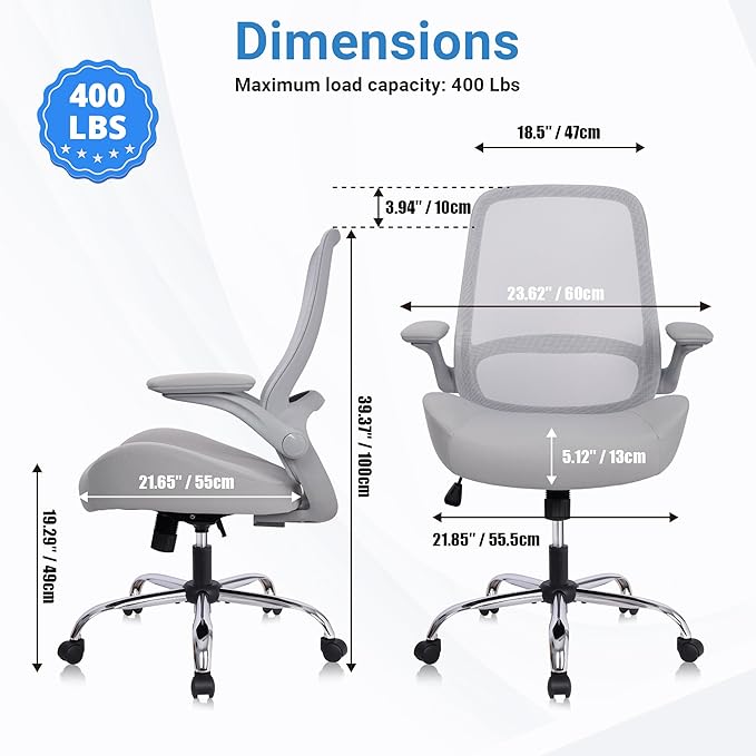 HYLONE Heavy Duty Office Chair, 5" Thickened Seat Ergonomic Desk Chair with Adjustable Armrests, Home Office Computer Chairs for Long Hours Mesh Executive Chair(Grey)
