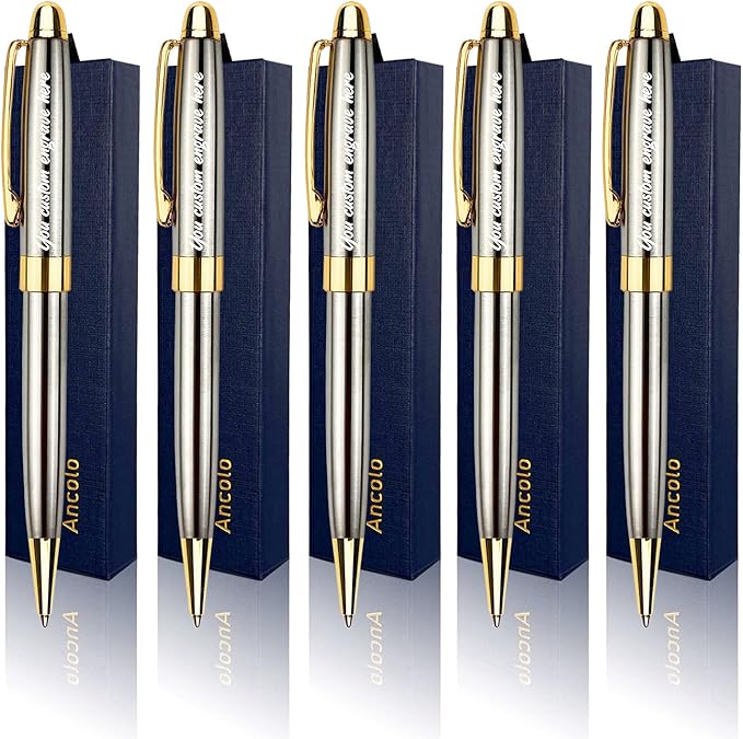 Ancolo Personalized Luxury Ballpoint Pen Writing Set-Stainless Steel Fancy pens Custom with Your Name or Message, Perfect for Students/Teacher/Manager/Lawyer/Professor 5PCS/Pack