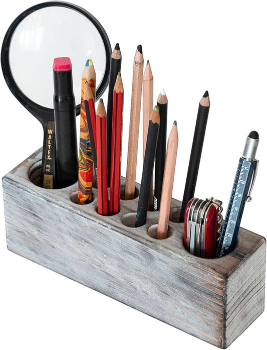 Whitewashed Wooden Pen Holder, Grey Solid Wood Desk Organizer, Rustic Paint Brush Holder and Art Supplies Organizer