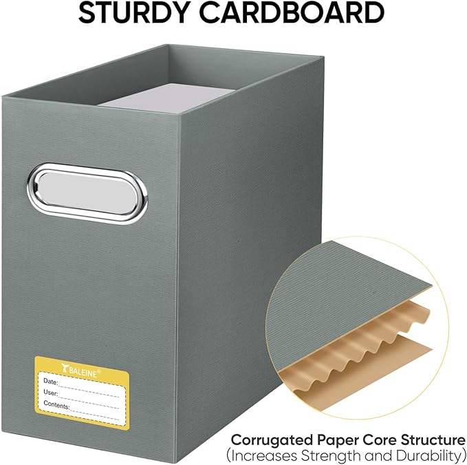 BALEINE File Organizer Box, Cardboard File Folder Organizer with Handle for Letter Size, Portable Collapsible Hanging Filing Box for Home Office Document Storage (4 Pack, Grey)