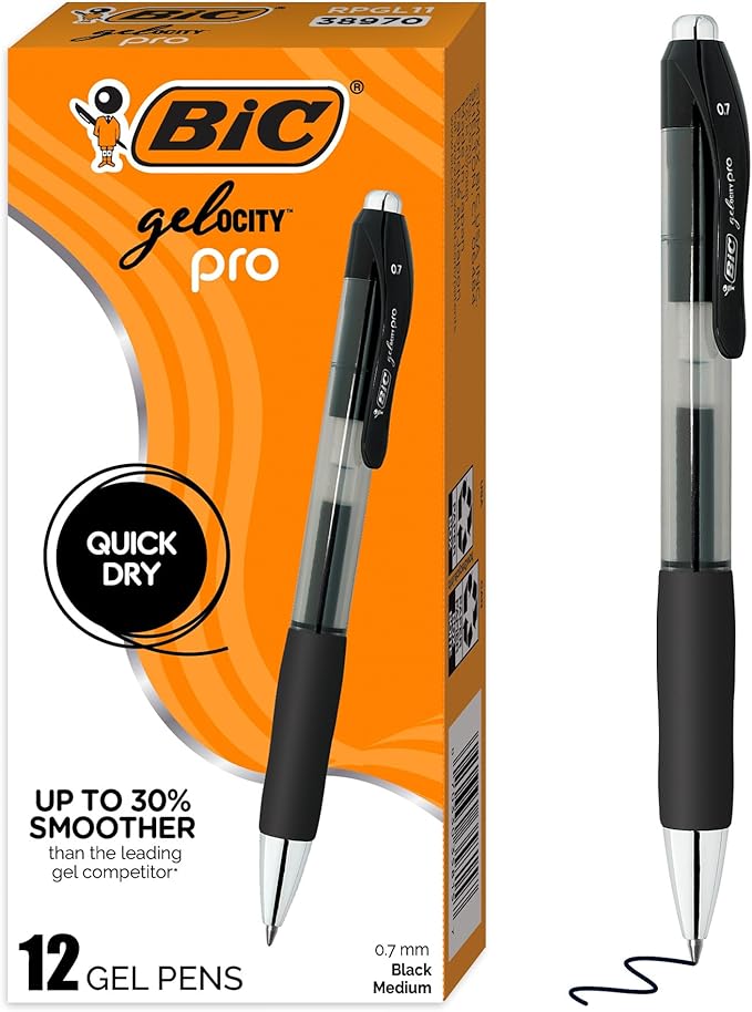 BIC Gelocity Pro Retractable Gel Pen with 0.7 mm Medium Point, 12-Count in Black Ink for Smooth Writing