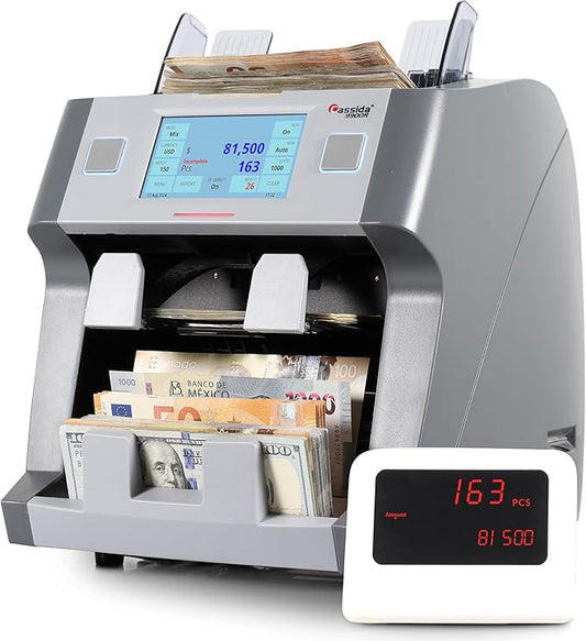 Cassida 9900R V2 2-Pocket Premium Bank Grade Money Counter Machine Mixed Denomination, Bill Sorter, Value Counting, Printer Enabled, 2 CIS, UV/MG, IR/IT Counterfeit Detection with Built-in Printer