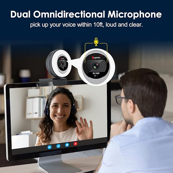 Angetube Webcam, 2K Streaming Webcam with Ring Light, HDR Laptop Camera with Remote, Dual Stereo Microphone and Privacy Cover, Auto Focus 5X Zoom in, Computer Camera for Zoom/Skype/Teams/Webex