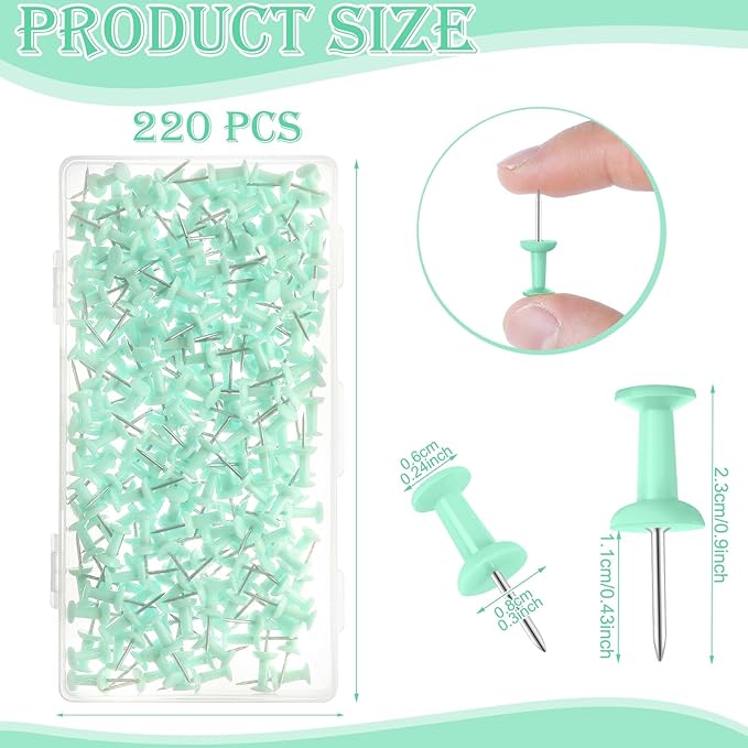 220 Count Green Push Pins, Standard Plastic Head Steel Point Thumb Tacks Decorative Push Pins for Cork Board Wall Hanging