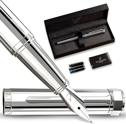 Luxury Fountain Pen Set- Fountain Pens for Writing - Smooth Fine Nib - Includes Refillable Ink Converter, 3 Ink Cartridges [Black & Blue], Gift Box - Elegant Calligraphy