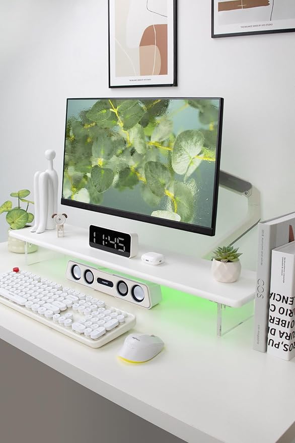 Bamboo Monitor Stand Riser with Acrylic Legs for Desk,31.5 Inches Desktop Shelf Supports for PC Computer Monitor, Laptops, Printer, Speakers (White)