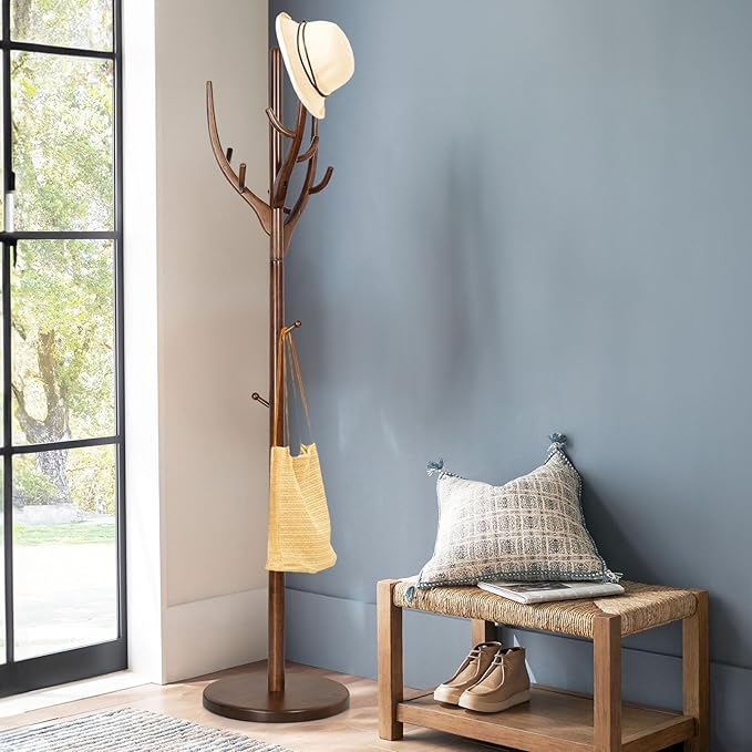 Wood Coat Rack, Coat Tree Freestanding Wooden Coat Rack Stand with 12 Hooks, Heavy Duty Hall Tree Coat Hat Stand with Sturdy Base, Free Standing Coat Racks for Entryway, Bedroom, Brown