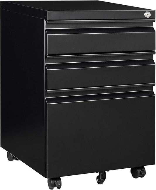 Mobile File Cabinet with Lock, 3 Drawer File Cabinet for Home Office, Rolling File Cabinet, Under Desk Locking Filing Cabinet on Wheels for Legal/Letter/A4 File, Fully Assembled, Black